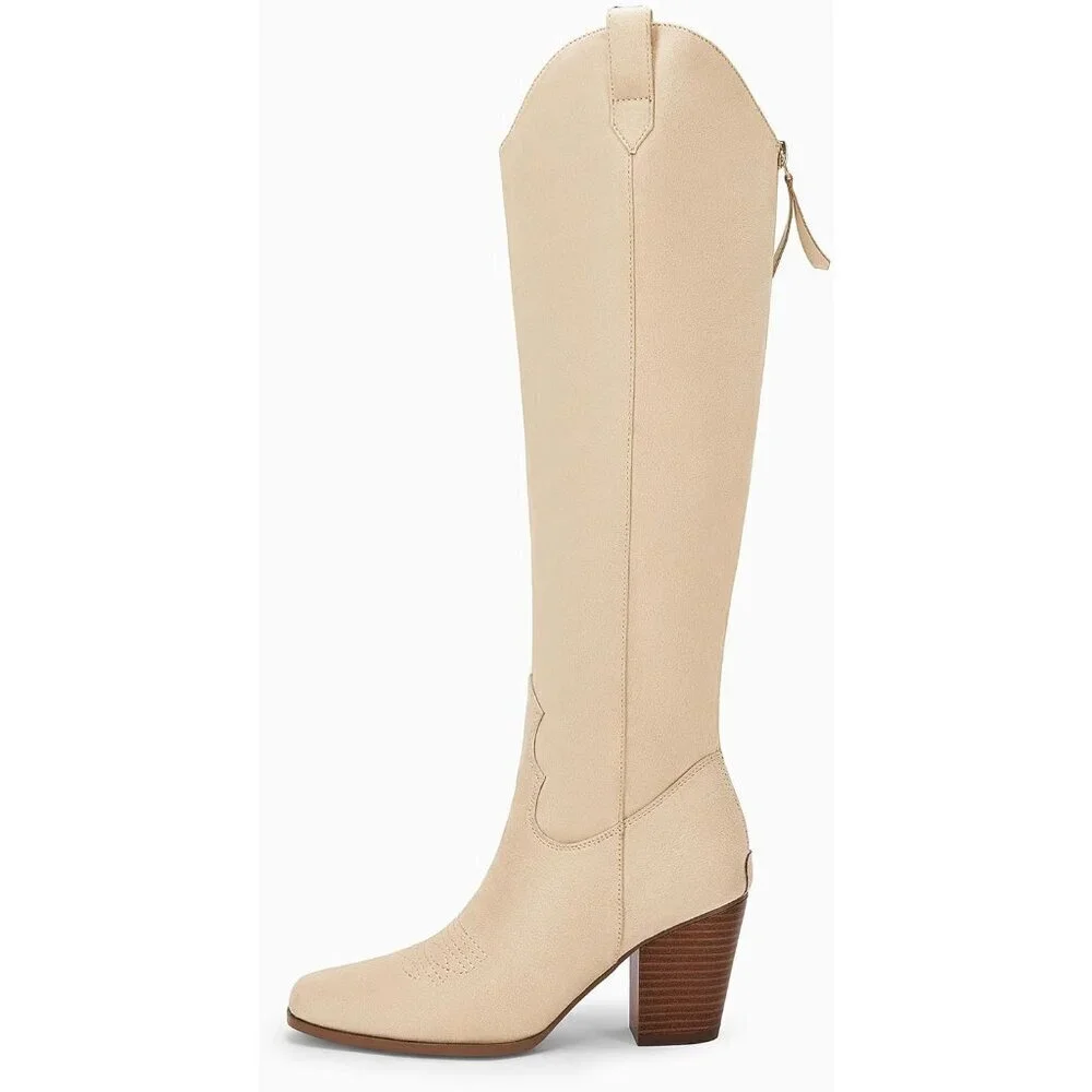 Women Beige Cowboy Knee High Boots Chunky Block Heel Square Toe Tall Riding Boot